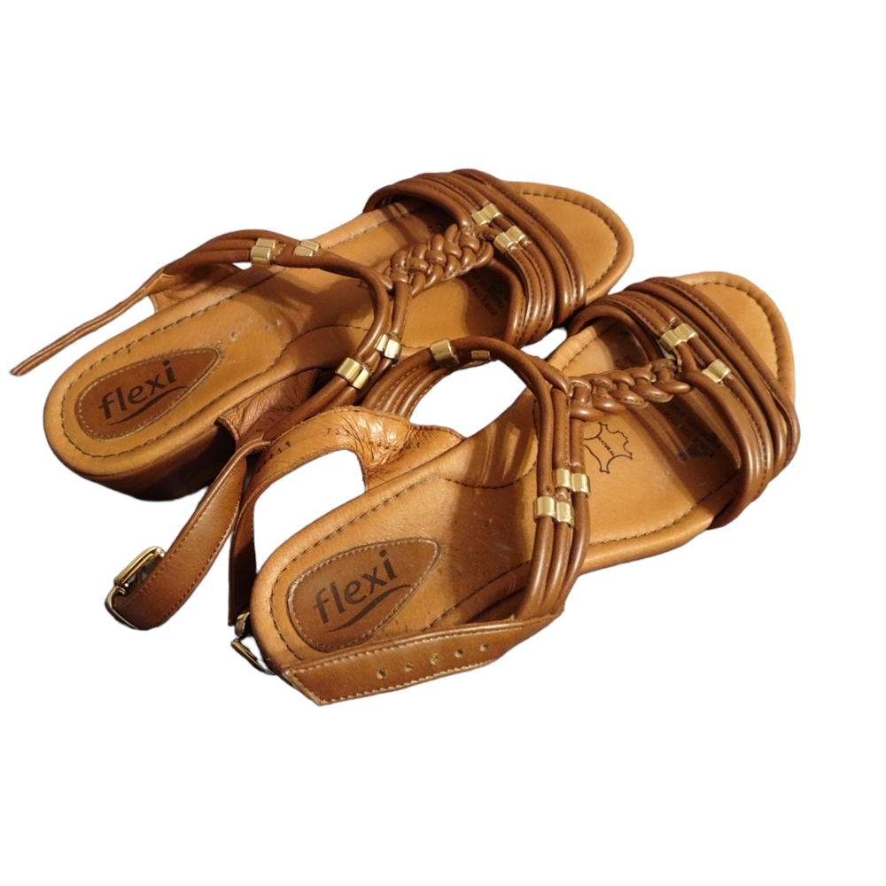 Flexi Braided Strap Brown Wedge Sandals Size 8 Comfort Boho Leather